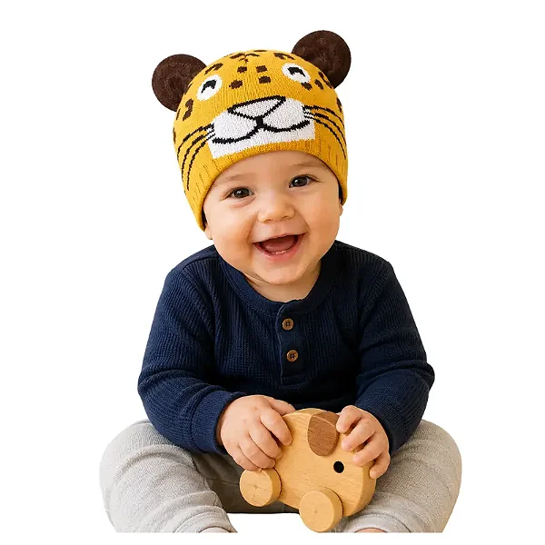 touca bebe menino estampa onça divertida em acrilico confortável tamanho único até 1 ano