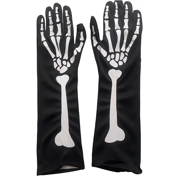 luva caveira halloween festa adulto infantil preto poliéster manga longa tamanho único 11 cm x 38 cm