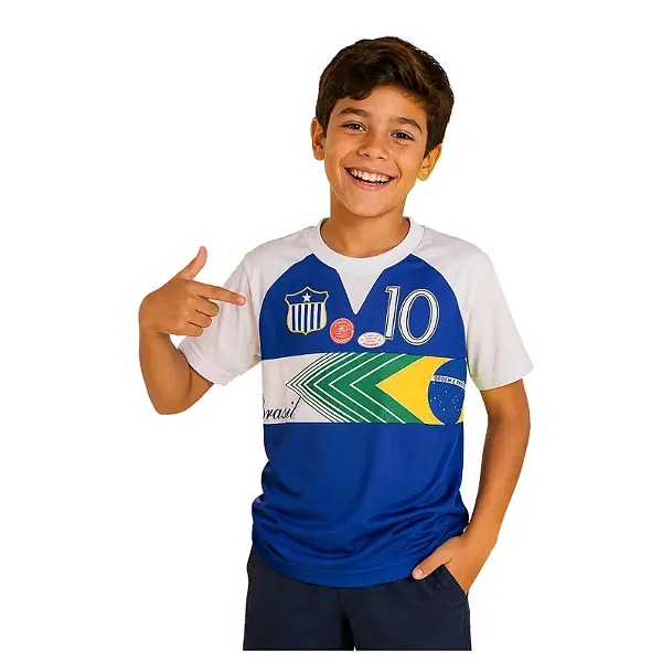 camiseta Brasil infantil futebol azul menino 100% algodão confortável estilosa tamanhos 8 a 16
