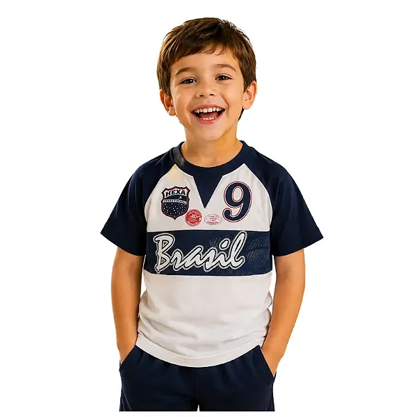 camiseta infantil Brasil menino azul marinho 100% algodão confortável tamanhos 6 e 8