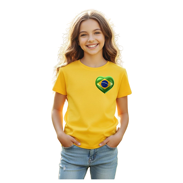 camiseta infantil Brasil escudo coração 100% algodão macia confortável tamanhos 2 a 16