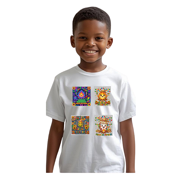 camiseta infantil festa junina simbolos divertidos 100% algodão confortável tamanhos 2 a 10