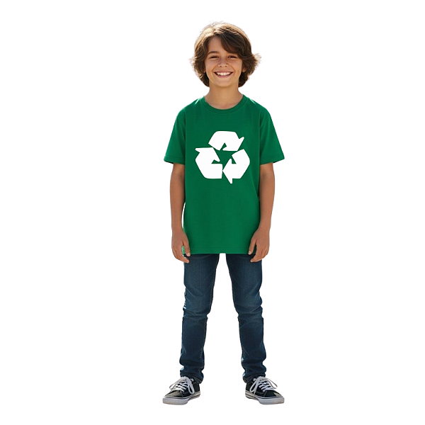 camiseta simbolo reciclagem infantil juvenil unissex estampa digital 100% algodão várias cores tamanhos 4 a 12