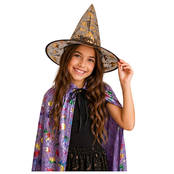 capa bruxinha infantil feminina túnica halloween colorida poliéster várias cores tamanho 80cm x 50cm