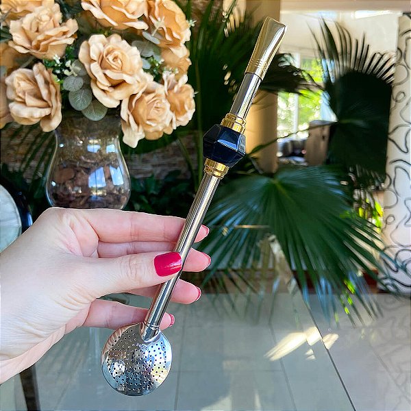 Bomba de Inox Banhada Com Pedra Preta Sextavada - 23cm Com Rosca