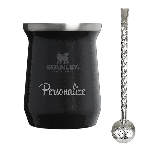 Kit Cuia Térmica Inox Stanley Preta Personalizada Para Chimarrão e Tereré + Bomba Inox Giro