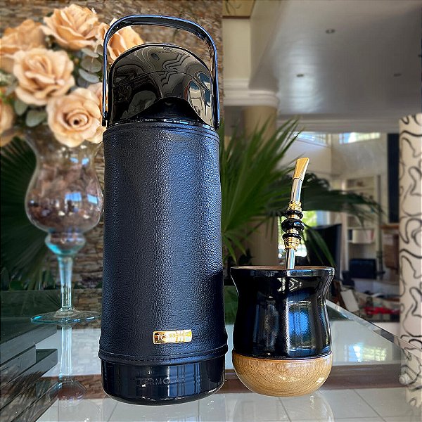 Kit Cuia Personalizada + Bomba + Térmica 1L com Capa em Couro Preta