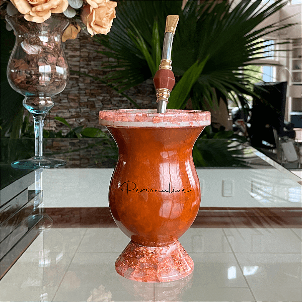 Cuia Baronesa Personalizada + Bomba Banhada - Porongo Resinado