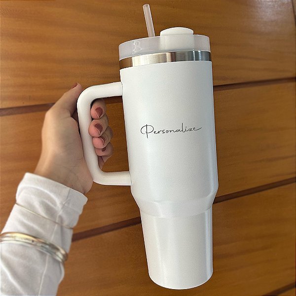 Copo Garrafa Térmica Inox com Canudo Branca - 1,2L Personalizada