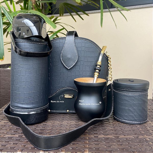 Presente Mãe - Mateira Prenda com Cuia Personalizada - Couro Sintético Preto