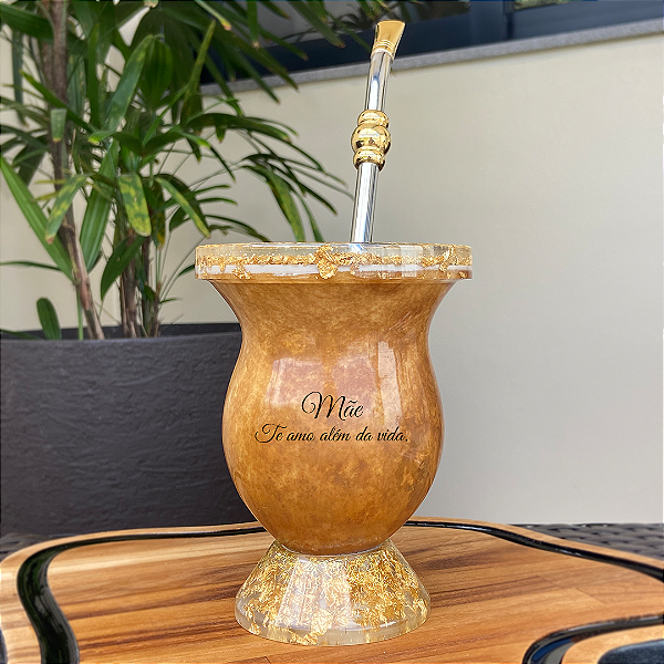 Presente Mãe - Cuia Baronesa Porongo Resinado Personalizada + Bomba Mil Furos Banhada