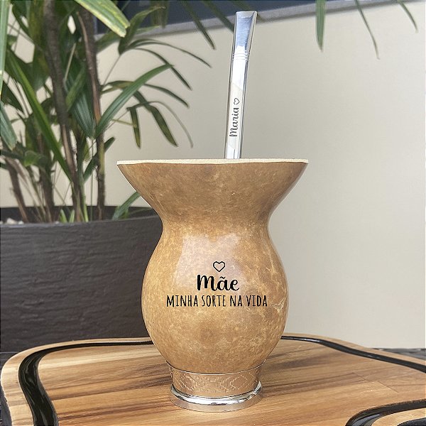 Presente Mãe - Kit Cuia de Porongo Pé Metal Prata + Bomba Personalizada