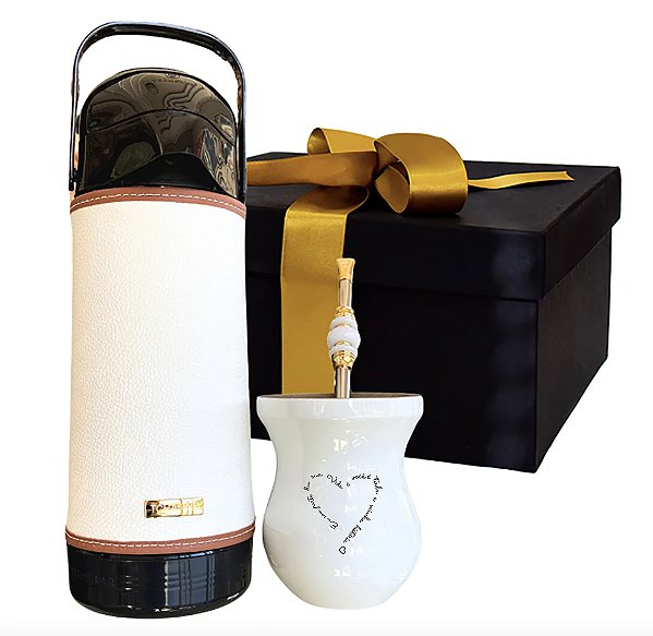 Presente Mãe - Cuia + Bomba Banhada + Térmica 1L com Capa em Couro Personalizada Branca