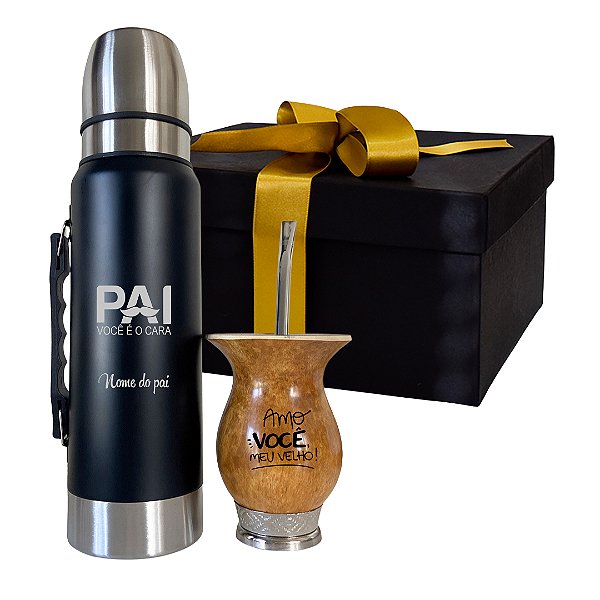 Caixa Presente Pai - Kit Térmica Inox 1L + Cuia de Porongo Personalizada Pé Metal Prata + Bomba