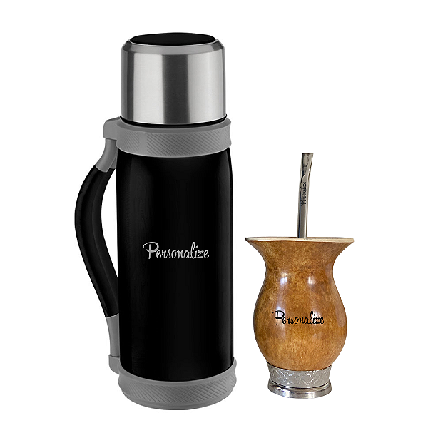 Kit Térmica Inox 1.2L + Cuia de Porongo Personalizada Pé Metal Prata + Bomba