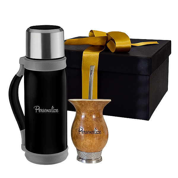 Caixa Presente Para Eles - Kit Térmica Inox 1.2L + Cuia de Porongo Personalizada Pé Metal Prata + Bomba