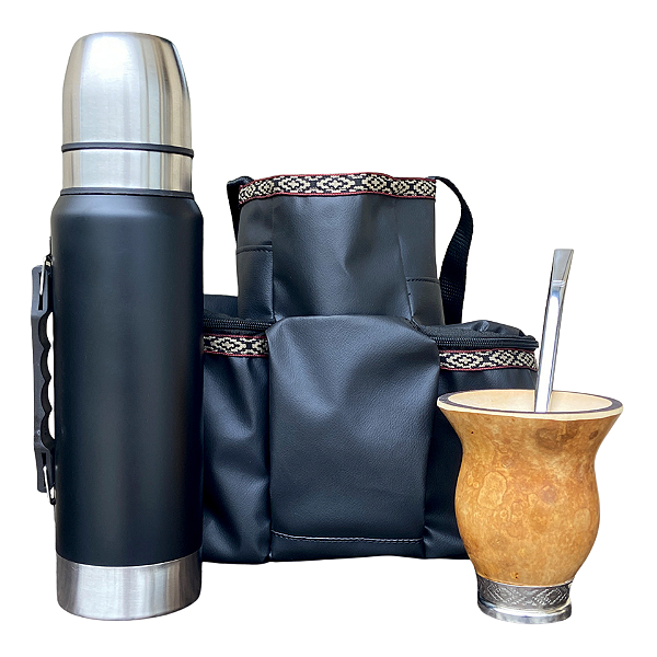 Kit Mateira Masculina Argentina Couro Sintético + Térmica Inox 1L + Cuia Porongo + Bomba