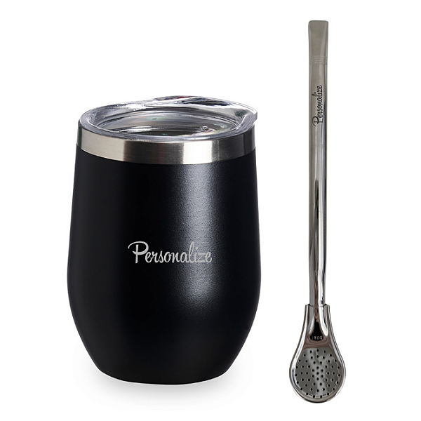 Copo Cuia Térmica Inox Personalizada + Bomba Tereré - Preta 320ml