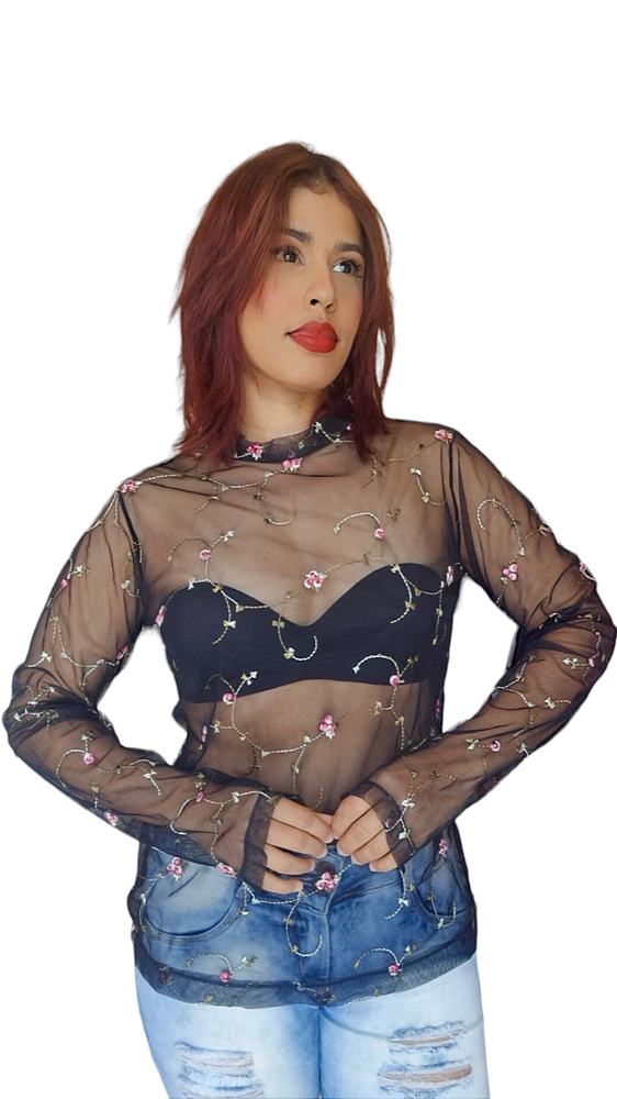 BLUSA EM TULE MANGA LONGA FLORAL