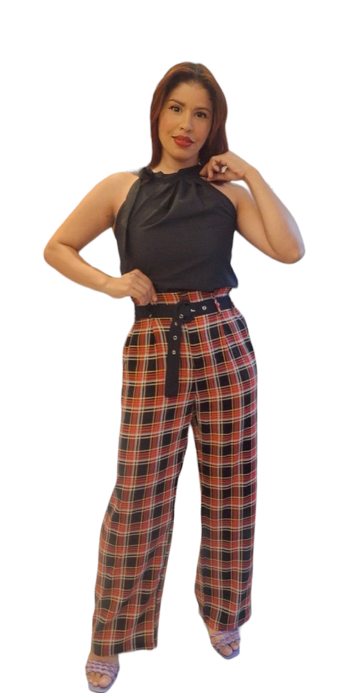 CALÇA CASUAL XADREZ MELINDA CINTURA ALTA PERNAS FLARE