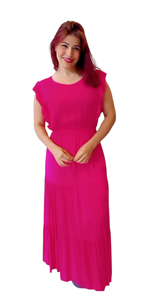 VESTIDO LONGO LISO MANGA CAVADO BABADO