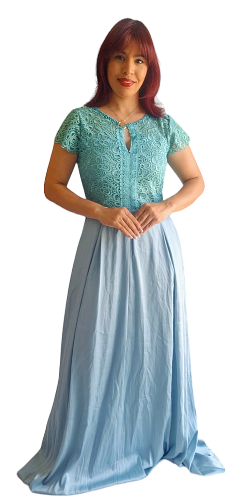 VESTIDO LONGO C\ GUIPIR FLORAL E BRILHO