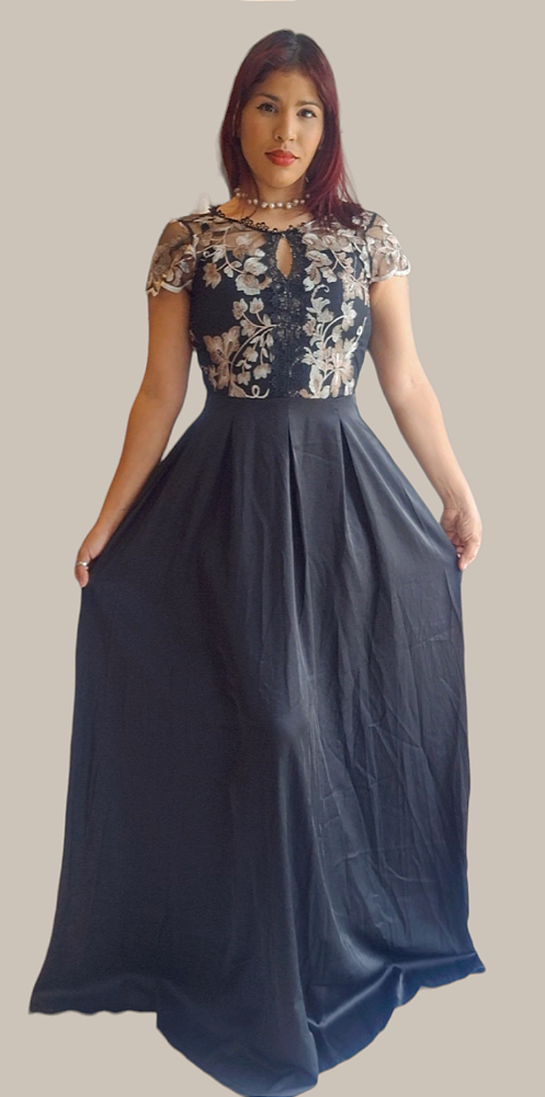 VESTIDO LONGO FEST RENDA E SEDA