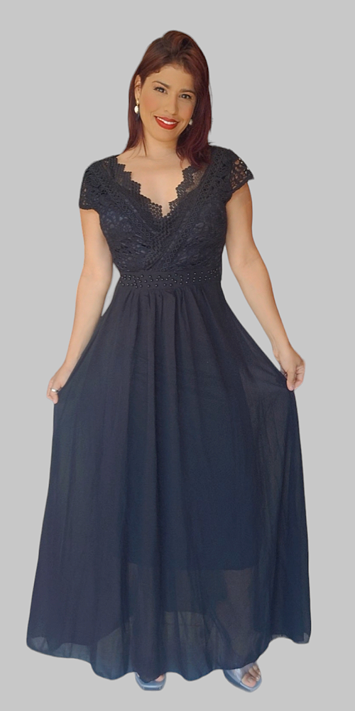 VESTIDO LONGO RENDA CREPE