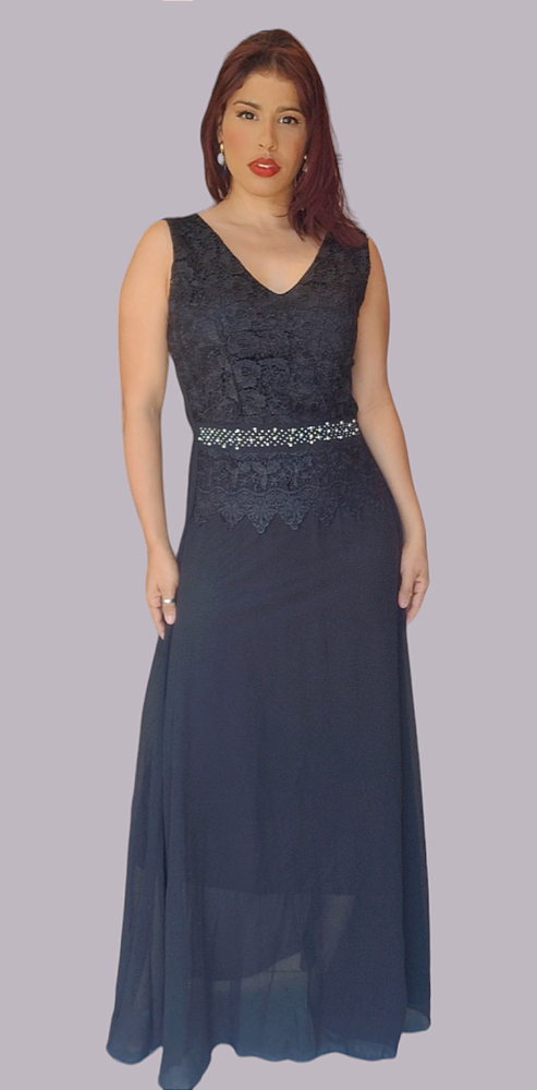 VESTIDO LONGO RENDA E PEDRARIAS