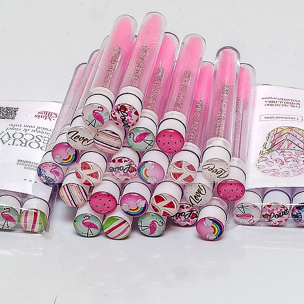10 Tubete Para Escovinha de Cílios Escovinha de Cílios Enfeitada  DESENHADO /Escovinhas com Glitter Extensão de Cílios e Sobrancelha rosa bebê