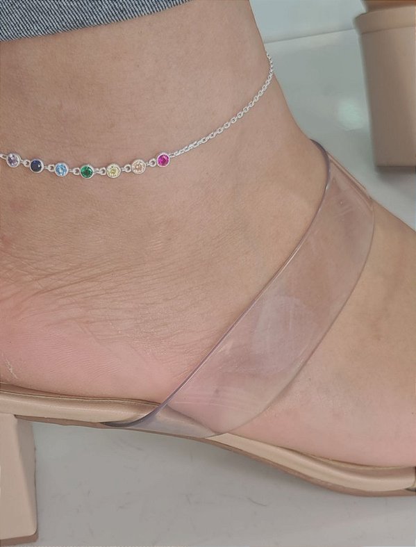 Tornozeleira 7 Chakras Prata 925 - 22cm + 4cm Extensor - Zirconias