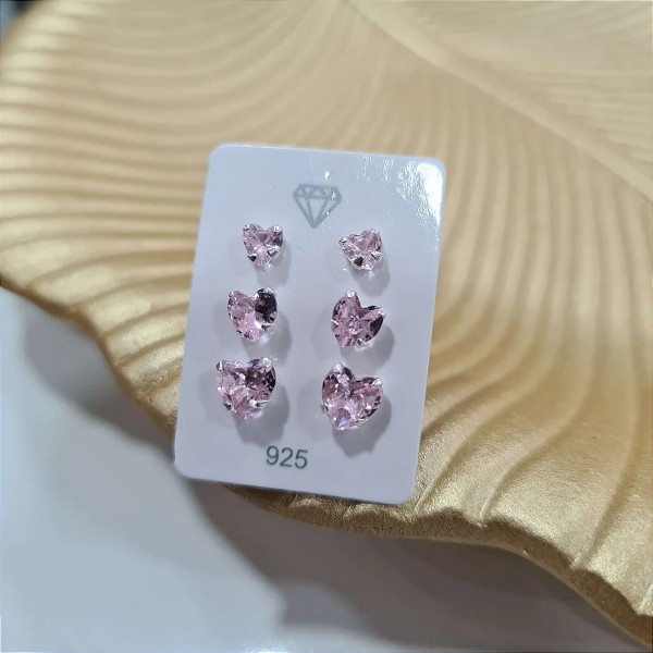 Trio Coração Rosa - Prata 925 - 6mm - 5mm - 4mm - MB640-930