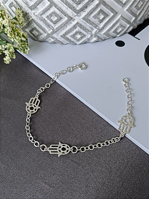 Pulseira Mão De Fátima C/ Estrela de Davi - Prata 925 - MP07-2033