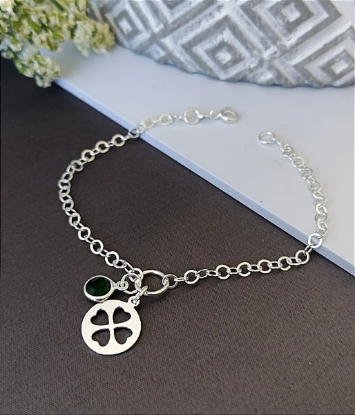 Pulseira Trevo com Pedra Verde Prata 925 - 18cm - MP13-2036