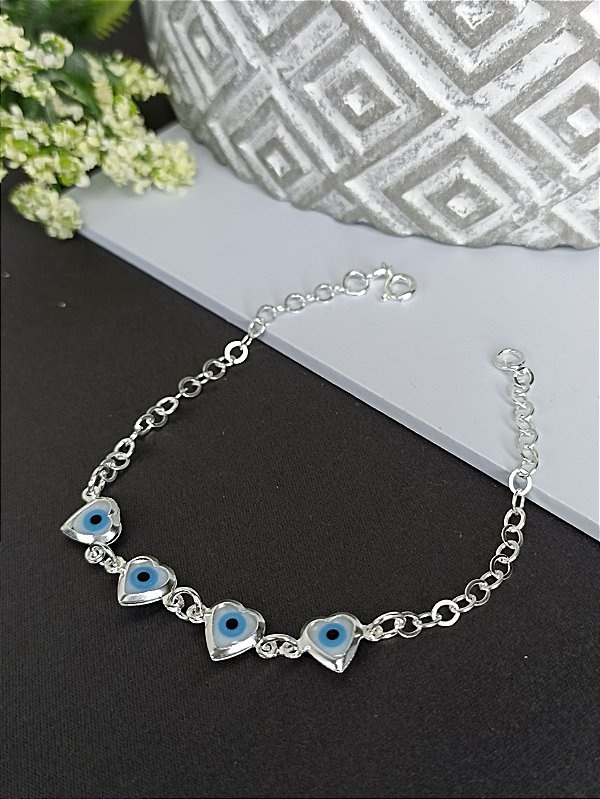 Pulseira Corações com Olho Grego Prata 925 - 18cm - MP340-1832