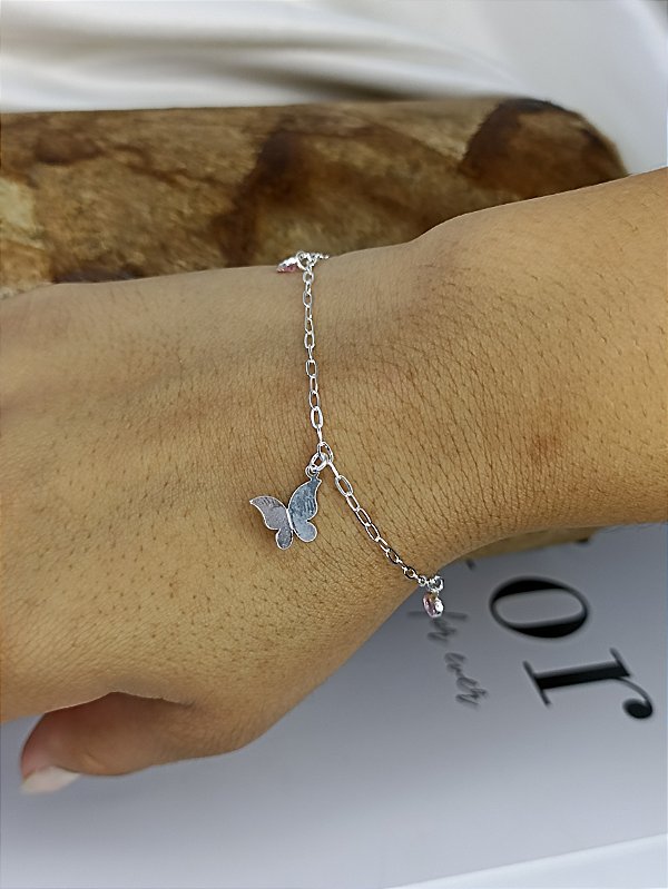 Pulseira Borboleta C/ Corações Rosa - Prata 925 - MP50-1332