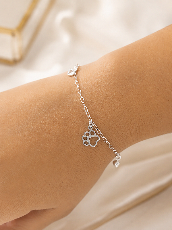 Pulseira Patinha C/ Corações - Prata 925 - MP60-1226