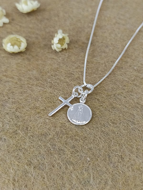 Gargantilha Crucifixo e Nossa Senhora Aparecida - Prata 925 - MC79-2040