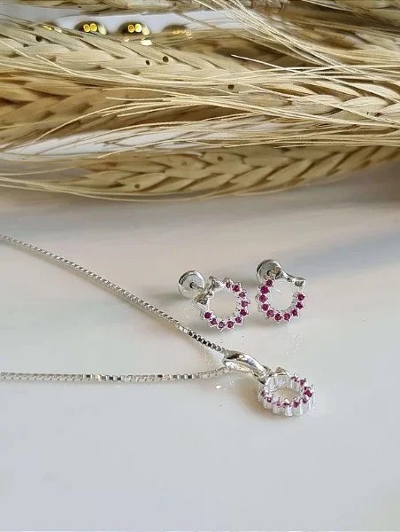 Conjunto Infantil Cravejado com Zircônias Rosa - Prata 925 - 40cm