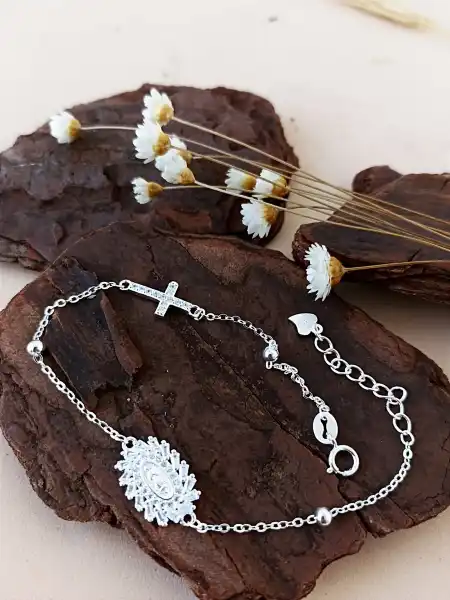 Pulseira Nossa Sra. + Cruz Cravejada - Prata 925