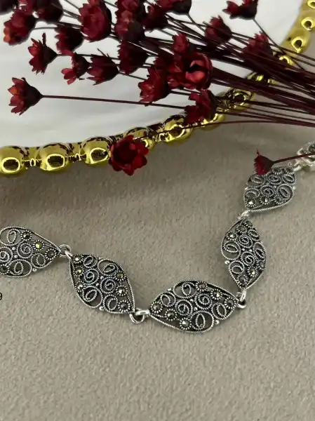 Pulseira Bali Pikun Com Pedras Marcassita - Prata 925 - Cor Envelhecida