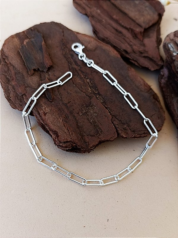Pulseira Cadeado Alongado Prata 925 - 18,5cm - 2,8g