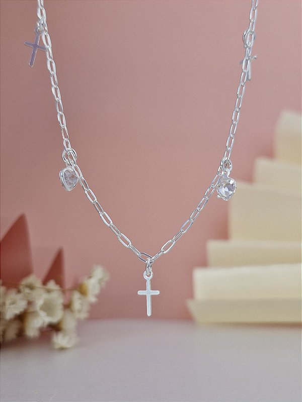 Gargantilha Choker Cruz Com Ponto de Luz Coração - Prata 925