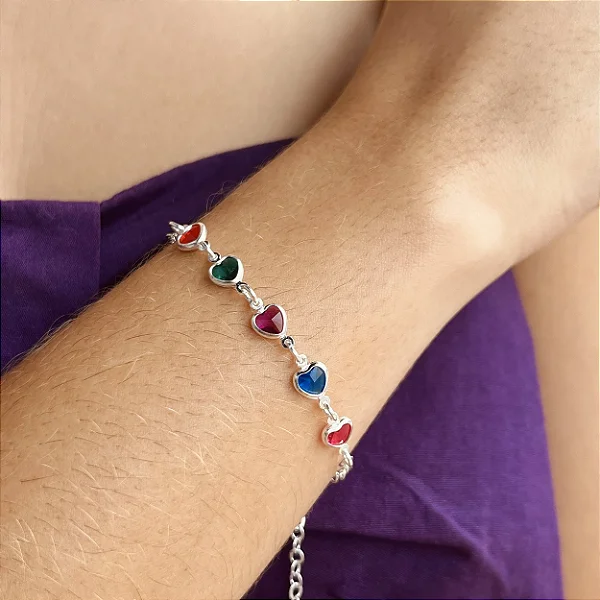 Pulseira com Corações Coloridos Prata 925 - MP325-2050
