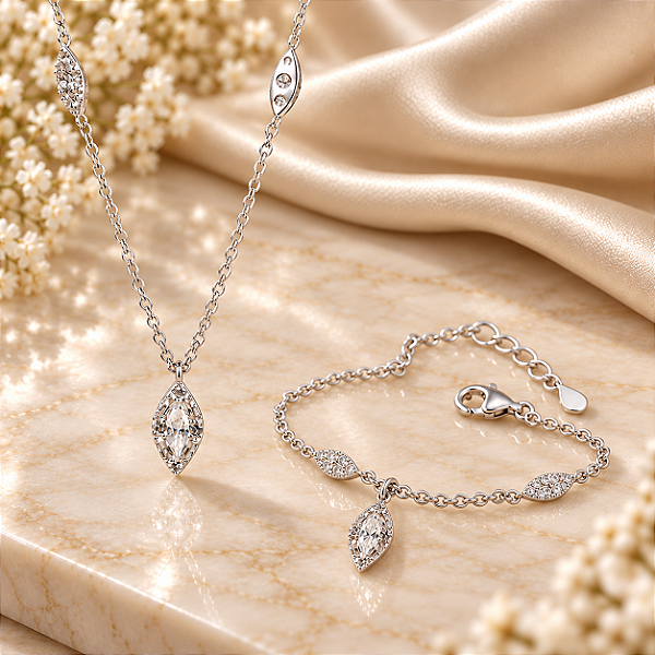 Conjunto Gargantilha e Pulseira Com Zircônias - Prata 925