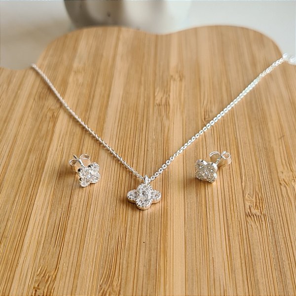 Conjunto Trevo Com Zircônias - Prata 925