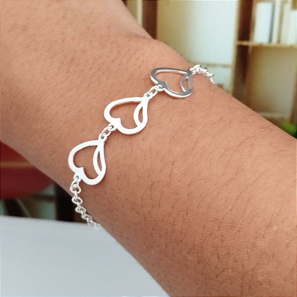 Pulseira Corações- 16cm - Prata 925 - MB369-2562