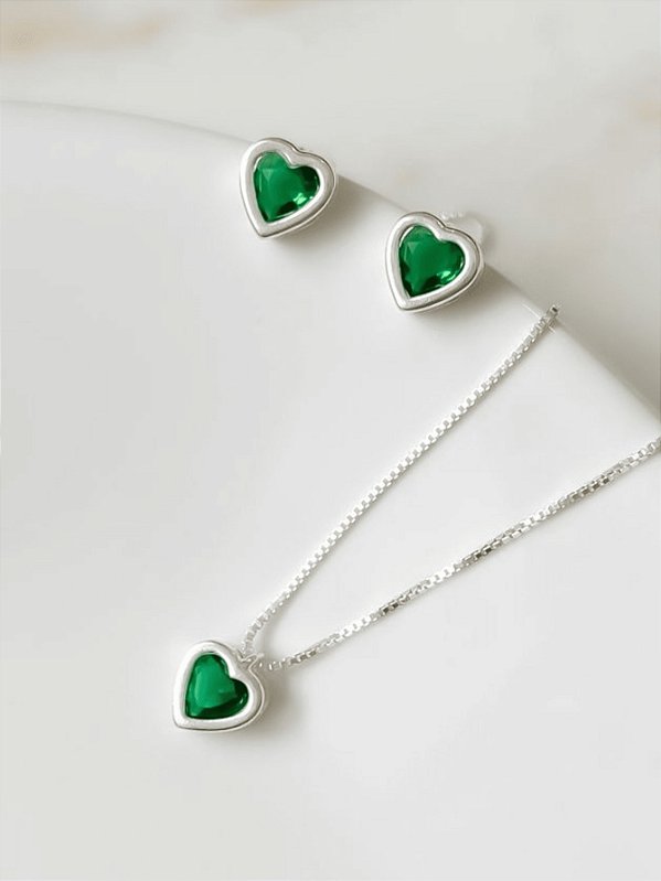 Conjunto Coração Zircônia Verde Esmeralda - Prata 925