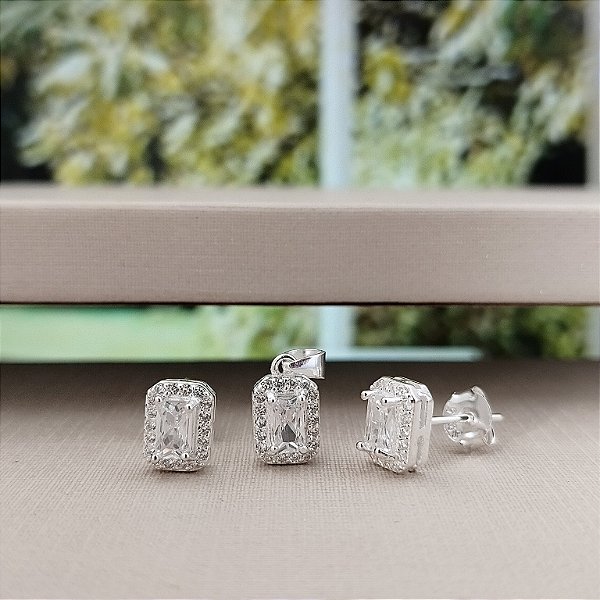 Conjunto Quadrado Pingente e Brinco Cravejado - Prata 925