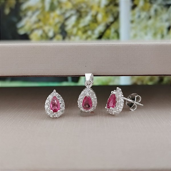 Conjunto Gota Pingente e Brinco Cravejado - Prata 925